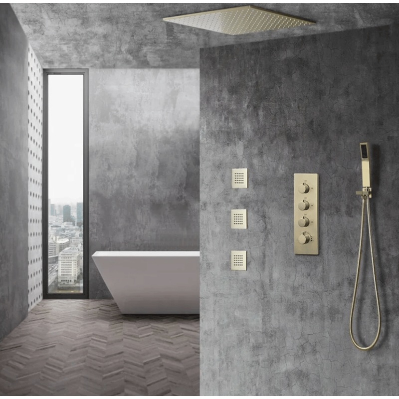 16″ Thermostatic Rain Shower System with Hand Shower & 3 Body Jet Sprays in Brushed Gold