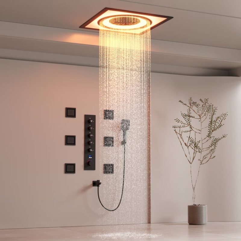 25.6″ Thermostatic LED Rainfall Bluetooth Shower System with 6 Body Jets & Handheld