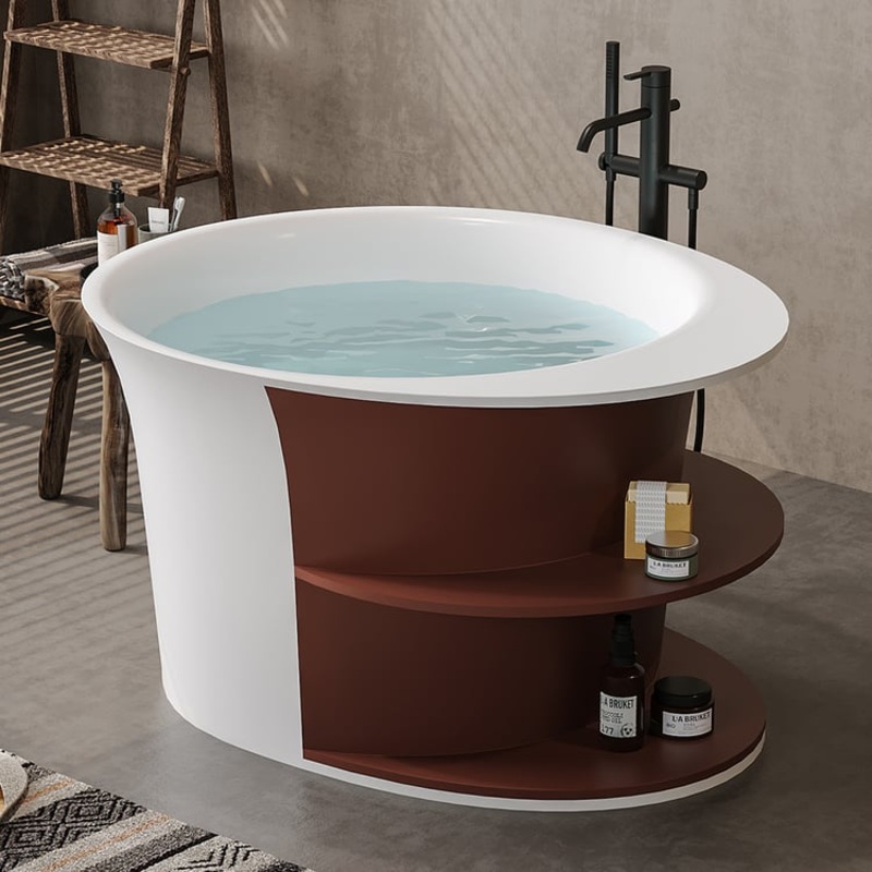 47″ Japanese Round Freestanding Soaking Bathtub with Storage White 70-Gallon Capacity