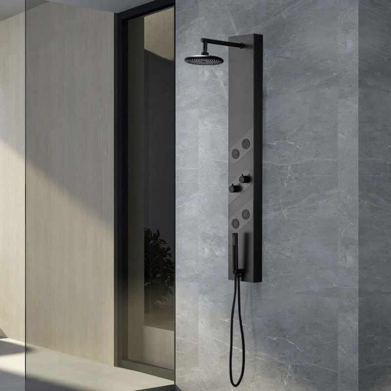 55″ Black Rainfall Shower Panel with Handheld Shower Adjustable Showerhead & Body Jets
