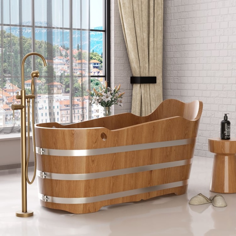 59″ Japanese Modern Oval Freestanding Oak Wood Soaking Bathtub Natural