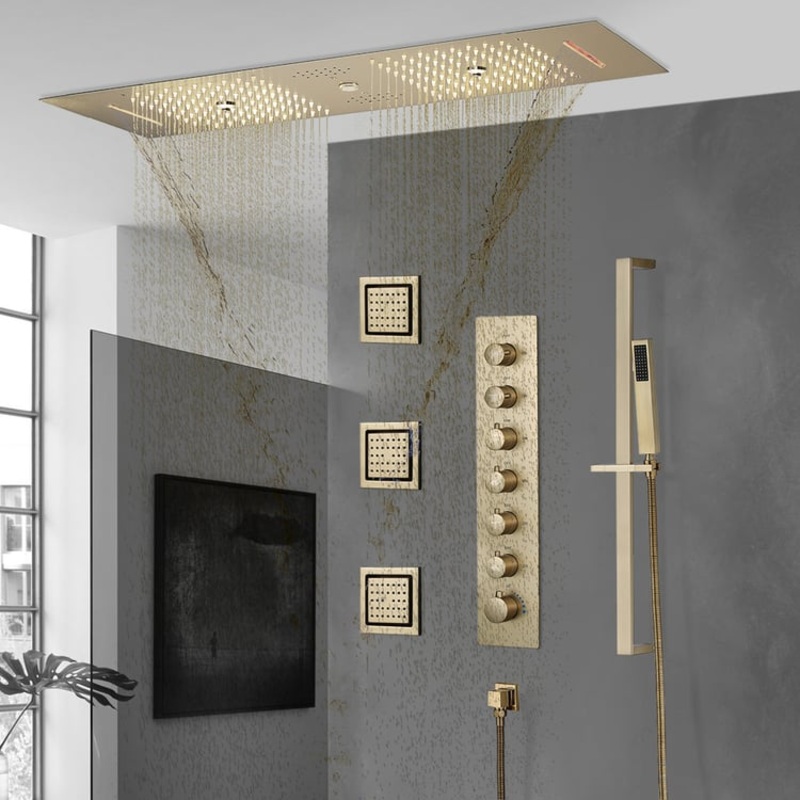 6 Functions Modern Thermostatic Massage Shower System Remote Controlled LED Brushed Gold