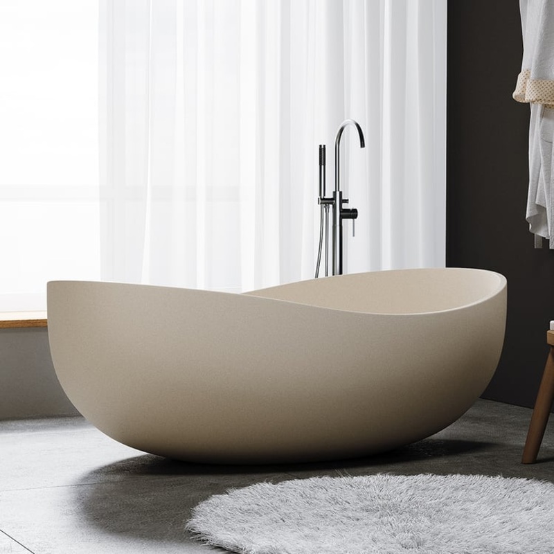 63″ Industrial Oval Freestanding Cement Soaking Bathtub Beige