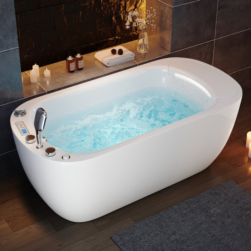 66.7″ Modern Oval Jacuzzi Bathtub with LED Waterfall Pillow & Thermostatic Control