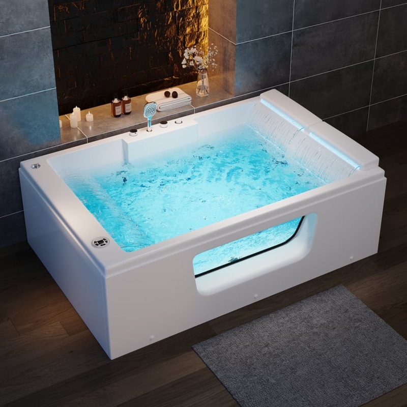 74.4″ Acrylic Jetted Jacuzzi Bathtub with Thermostat Control & LED-Lit Waterfall Pillow