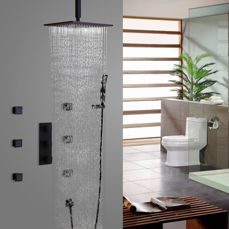 Shower System Ceiling Mount 12″ Rain Shower Head & 6 Body Sprays & Hand Shower