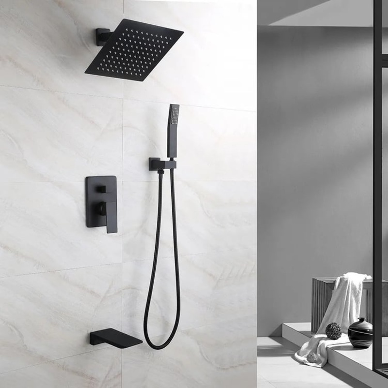 Wall Mount 10″ Rainshower Hand Shower & Tub Spout Shower System in Matte Black