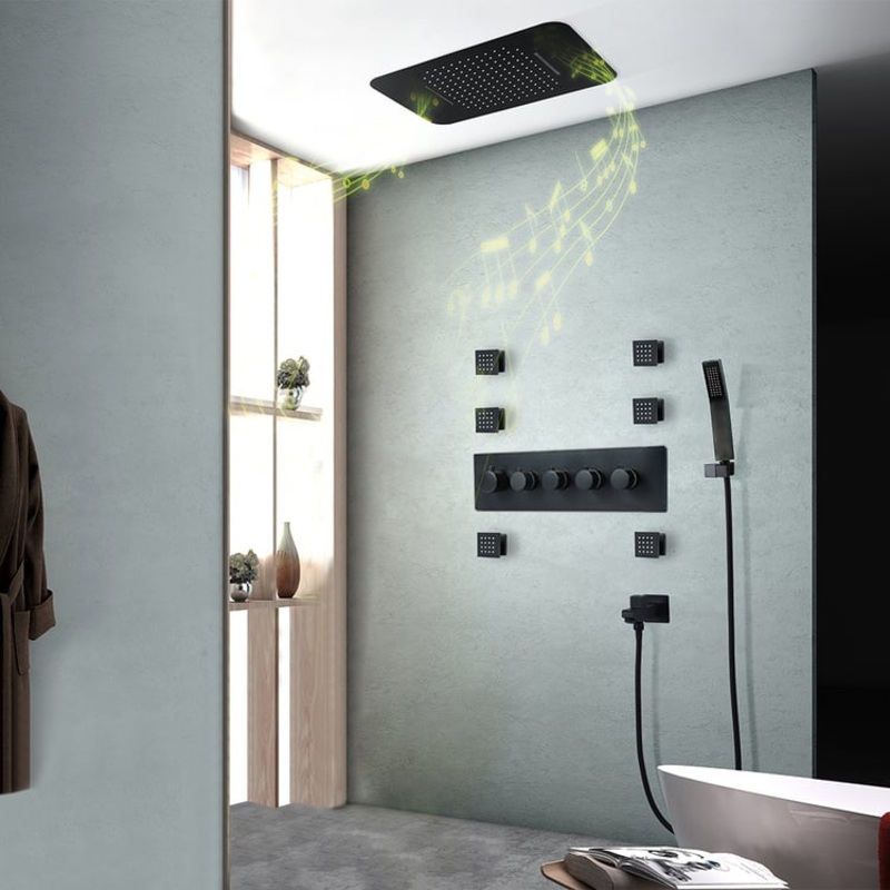 Wall-Mounted 23″ Thermostatic Shower System in Black 4 Functions