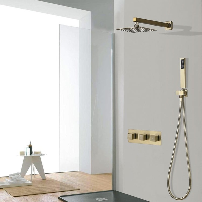 Wall Mounted Shower System Gold 8″ Solid Brass with Hand Shower in Brushed