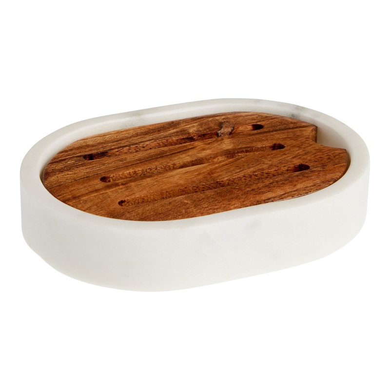 White Marble And Acacia Wood Soap Dish