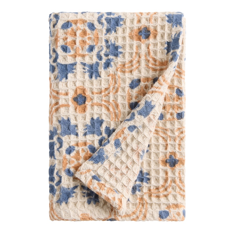 Rhea Blue and Copper Block Print Waffle Weave Hand Towel