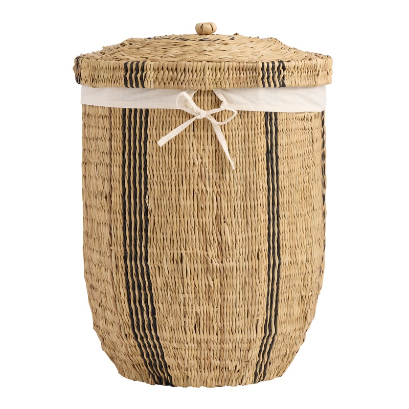 Riley Black and Natural Faux Rattan Striped Hamper with Liner