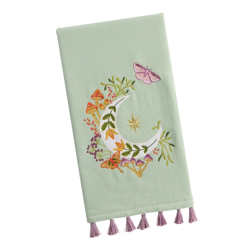 Sage Green Crescent Moon Embroidered Hand Towel