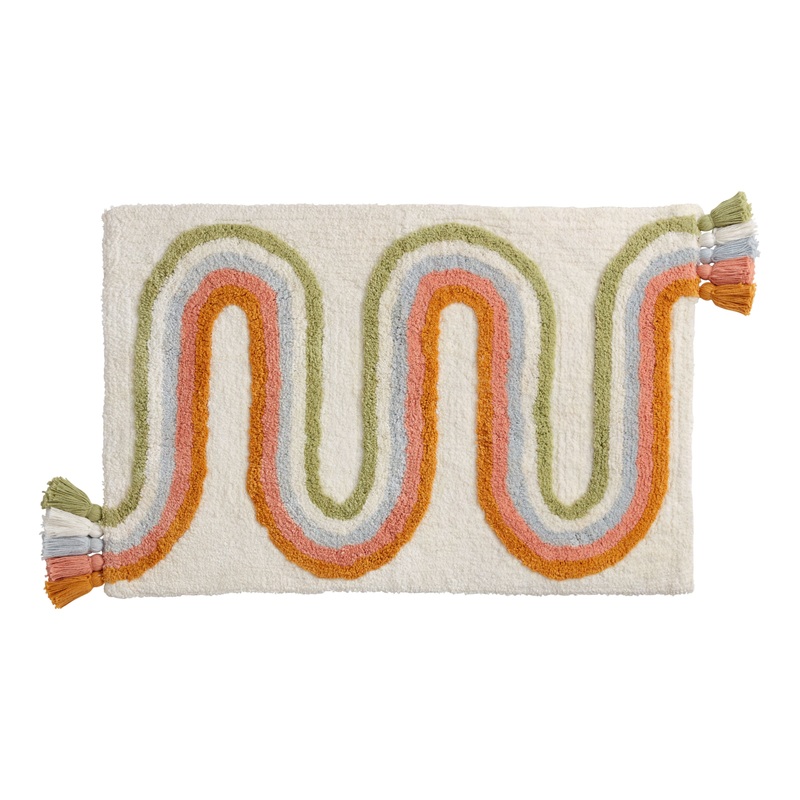 White Multicolor Wave Tufted Tassel Bath Mat