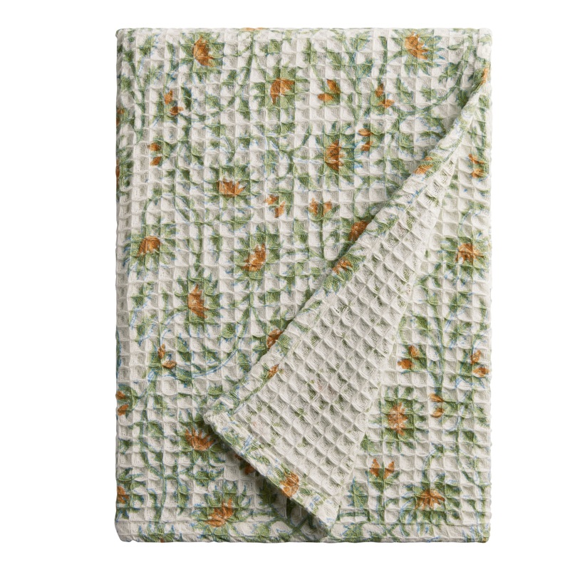 Yellow Flower Block Print Waffle Weave Bath Towel