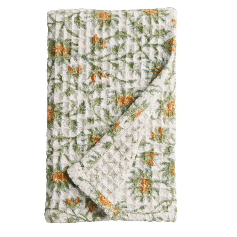 Yellow Flower Block Print Waffle Weave Hand Towel