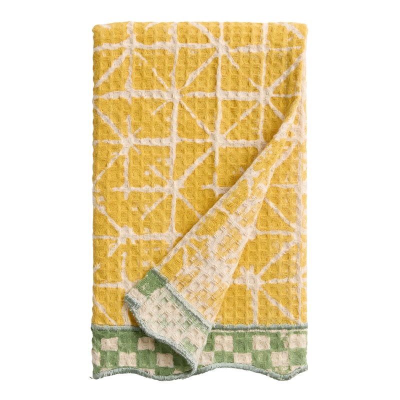Yellow Scalloped Block Print Waffle Weave Hand Towel