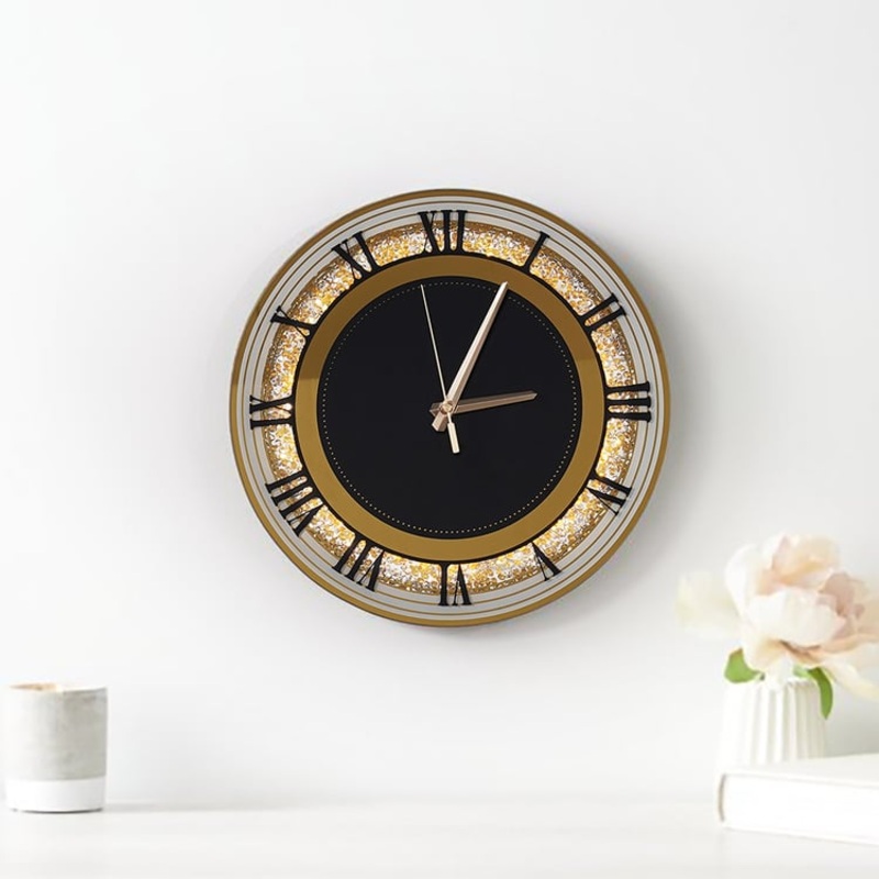 13.8″ Golden LED Wall Clock Diamond Roman Numerals, Plug-in LED, Battery-Operated Clock