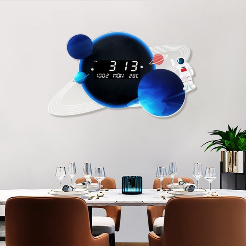 23.6″ LED Digital Display Modern Acrylic Blue Space Astronaut Wall Clock Decor Art