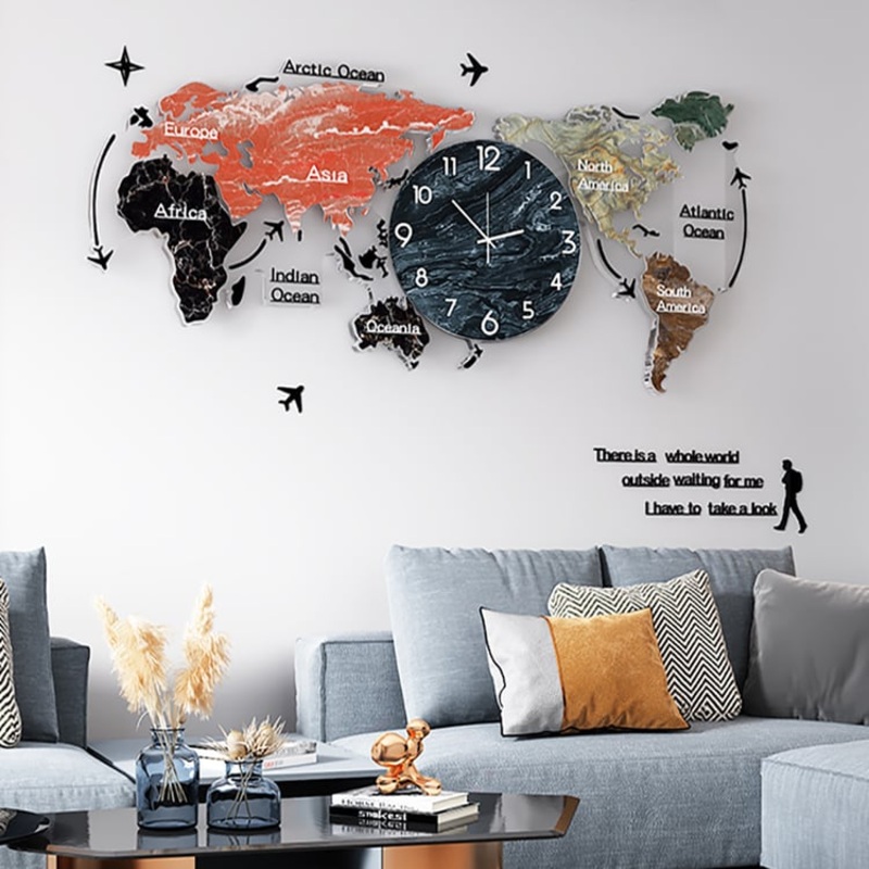 29.1″ x 13.4″ Modern World Map Wall Clock Acrylic & Glass Home Decor Art Living Room