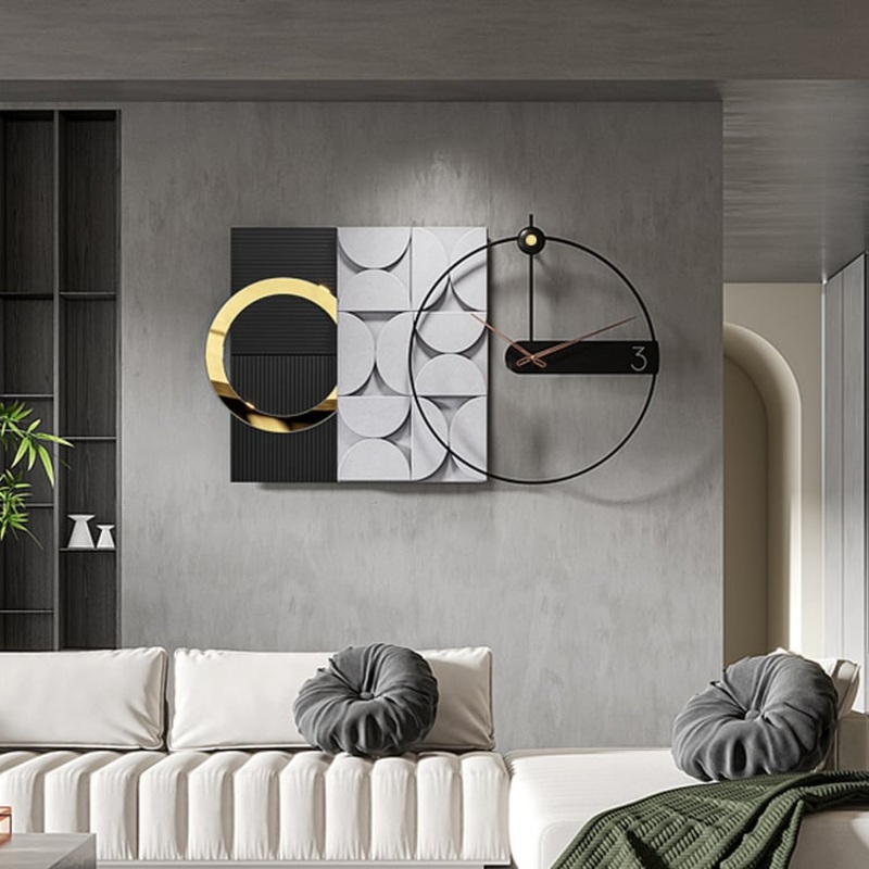 30″ Large Metal Geometric Wall Clock with Wood Pointer Modern Home Decor Black & Gray