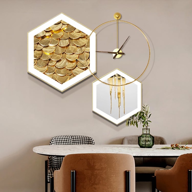 3Pcs Modern Geometric Wall Clock Decor Set Canvas Painting Wall Art with Aluminum Frame