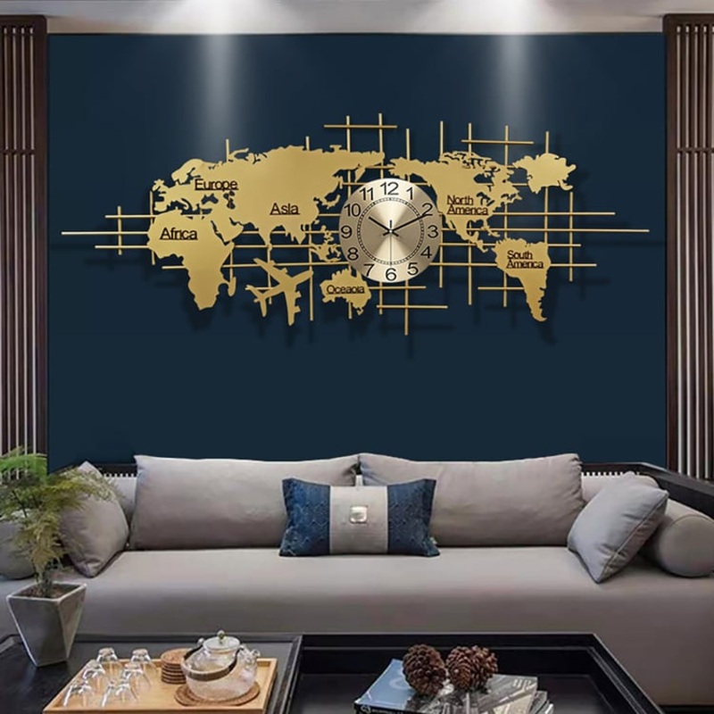 59″ x 23″ Luxury Oversized World Map Wall Clock Golden Metal Home Decor