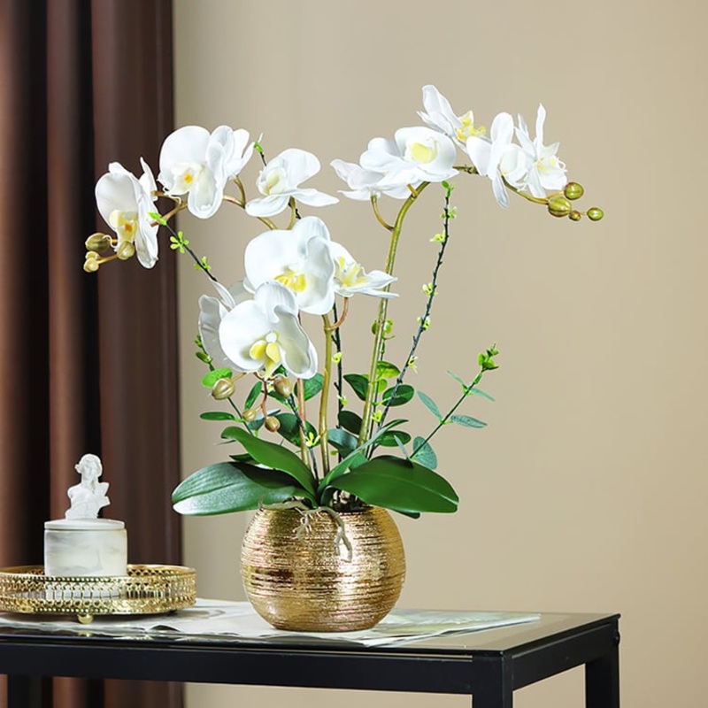 Artificial Flower Realistic White Orchids in Vase Set Gold Brushed Ceramic Flower Pots