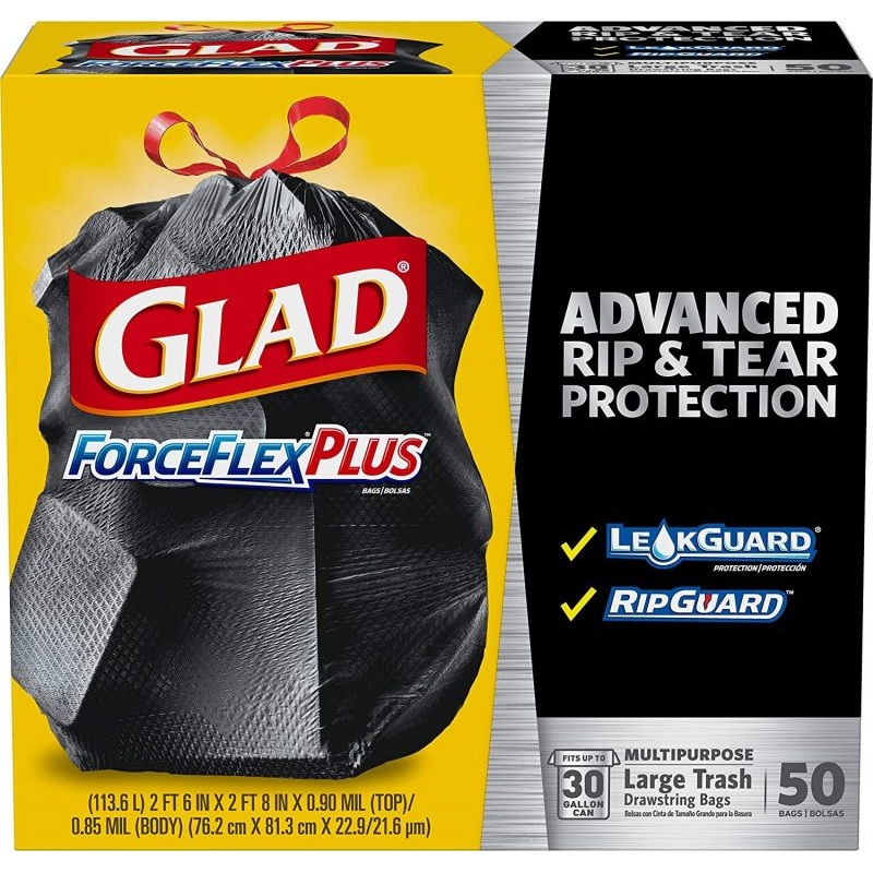 GLAD ForceFlexPlus Trash Bags, 30 Gallon, 50 Ct (Package May Vary)
