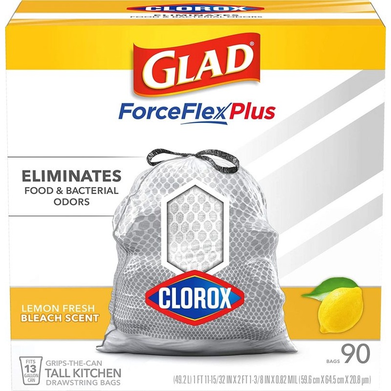 Glad Tall Kitchen Trash Bags ForceFlex,13 Gallon, Lemon Fresh Bleach Scent 90 Ct