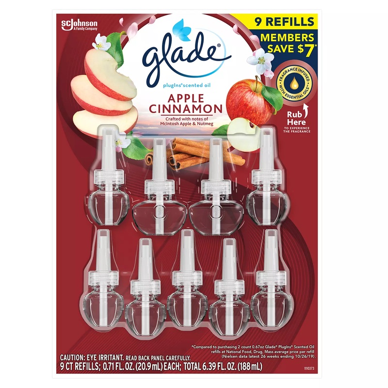 Glade PlugIns Scented Oil Refill, Essential Oil Infused Wall Plug in, 6.39 fl. oz, 9 ct. (Apple Cinnamon)