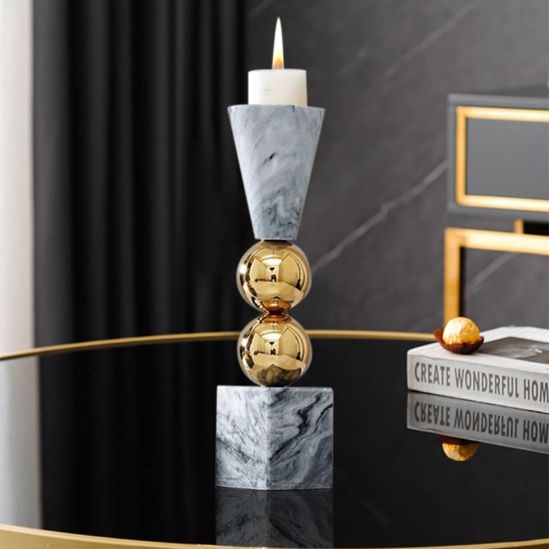 Gray Marble Candle Holder Gold Ball Pillar Candlestick Decor