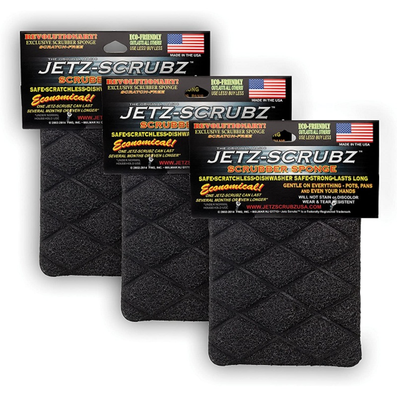 Jetz-Scrubz Scrubber Sponge, Rectangular, Set of 3, Made in the USA
