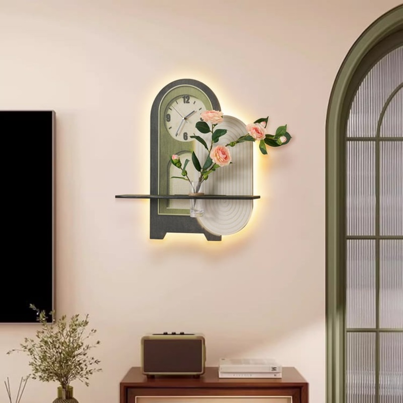 LED Wall Clock with Vase & Faux Flowers  23.6 Decorative White & Green Wall Art