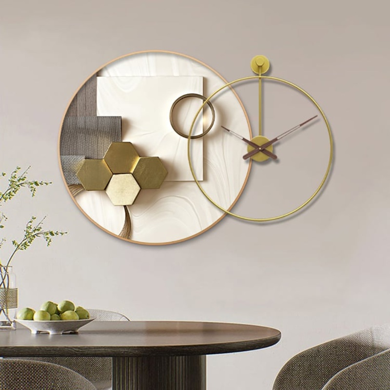 Modern Gold Round Wall Clock Canvas Art Print Decor Art with Wood Pointer