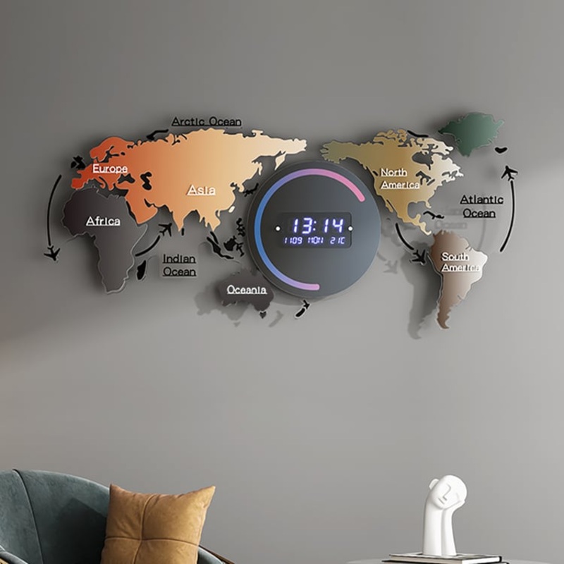 Modern Large Multifunctional World Map Wall Clock Decor With LED Digital Display Screen