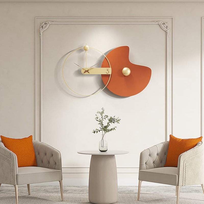 Modern Large Wall Clock Round Metal Oversized Decorative Wall Clocks in Orange & Gold