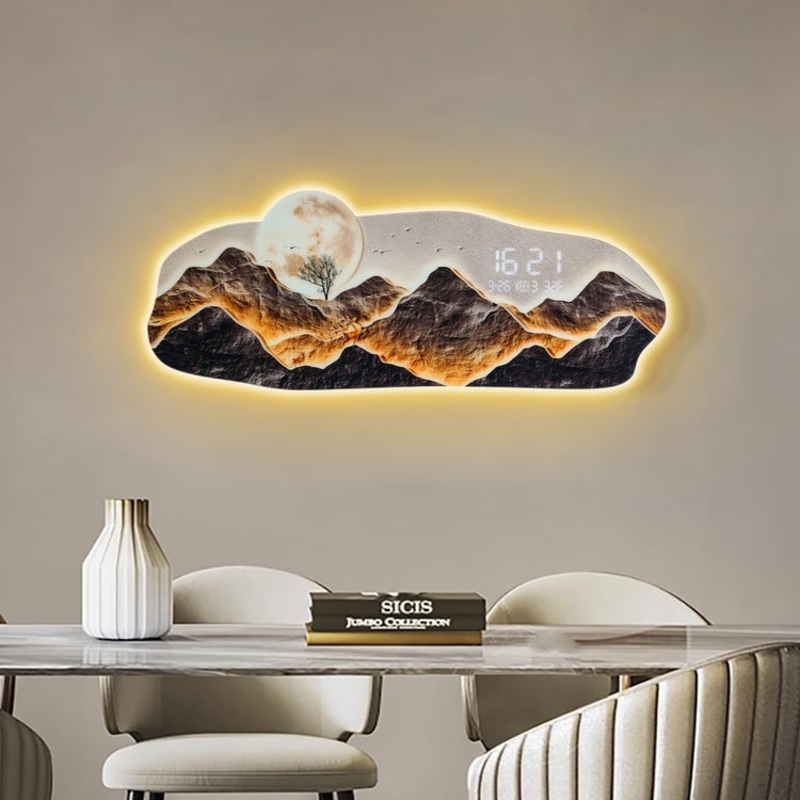 Modern LED Digital Wall Clock with Mountains and Moon Painting Decorative Wall Art