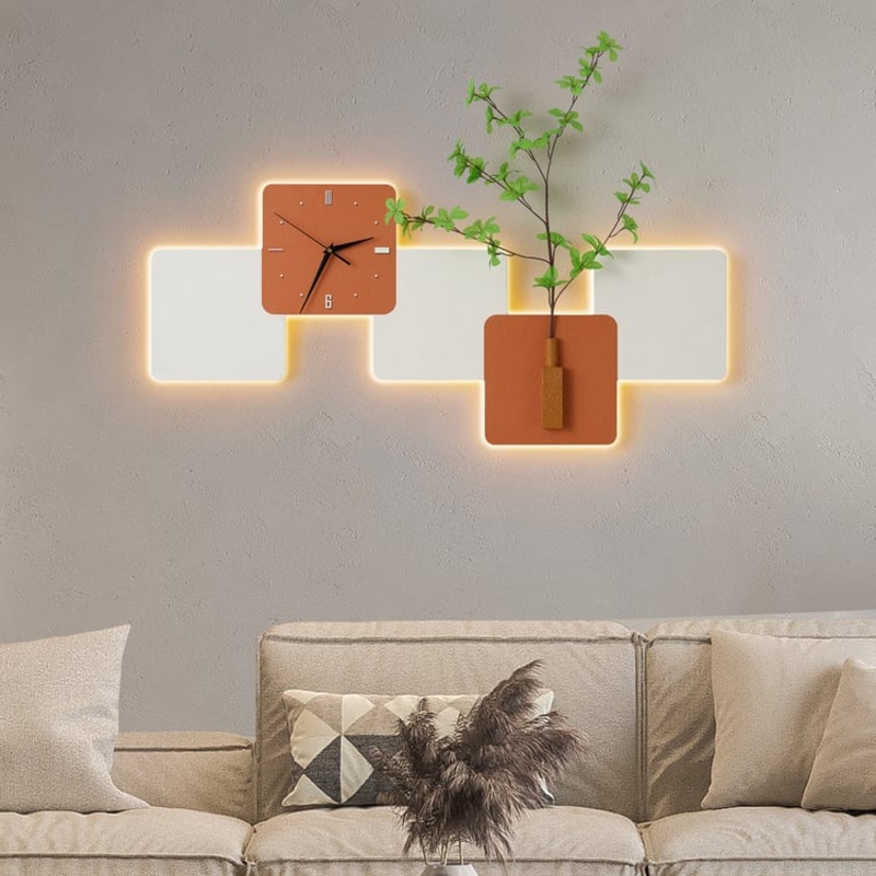 Modern LED Wall Clock with Faux Greenery  White & Orange, 39″ x 18″, Quartz Movement