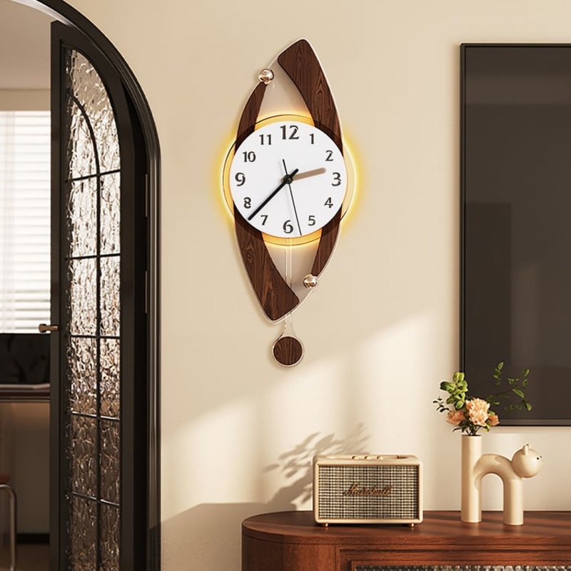 Modern Wall Clock with LED and Pendulum, Plug-in LED Light, Battery-Operated Clock
