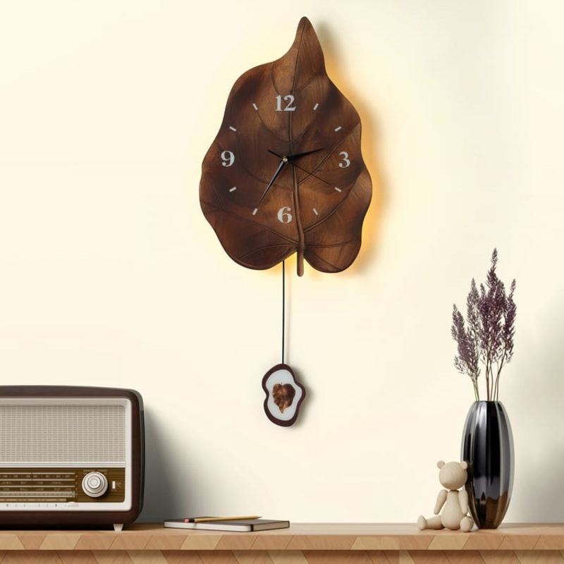 Rustic Leaf-Shaped Wall Clock with USB Light & Moving Pendulum  28 Inches