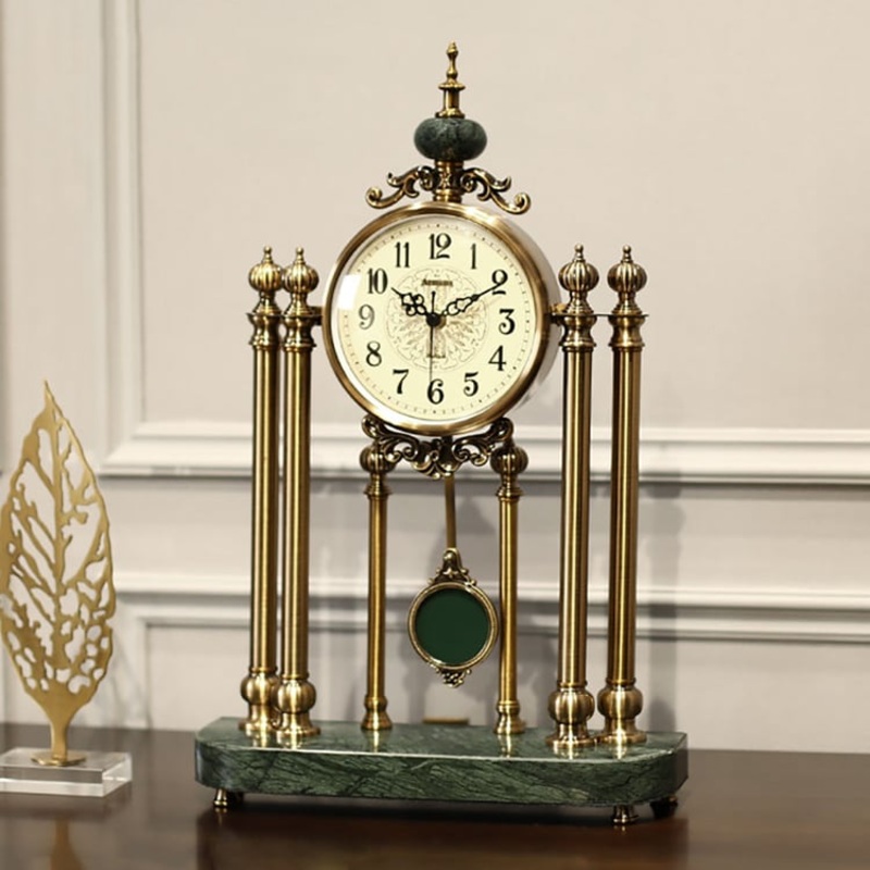 Traditional Metal Bronze Round Mantel & Table Top Clock with Pendulum Green Marble Base