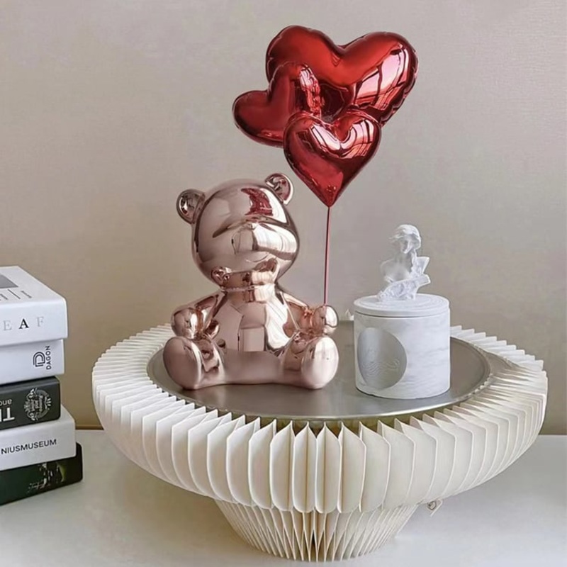 10.4″ Cute Pink Sitting Bear Statue Sculpture Ornament Decor with Red Heart Balloons