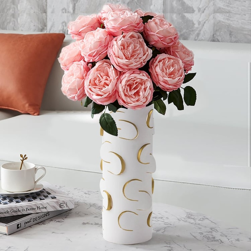 13.4″ White & Gold Resin Cylinder Flower Vase Modern Decor Art Living Room Bedroom