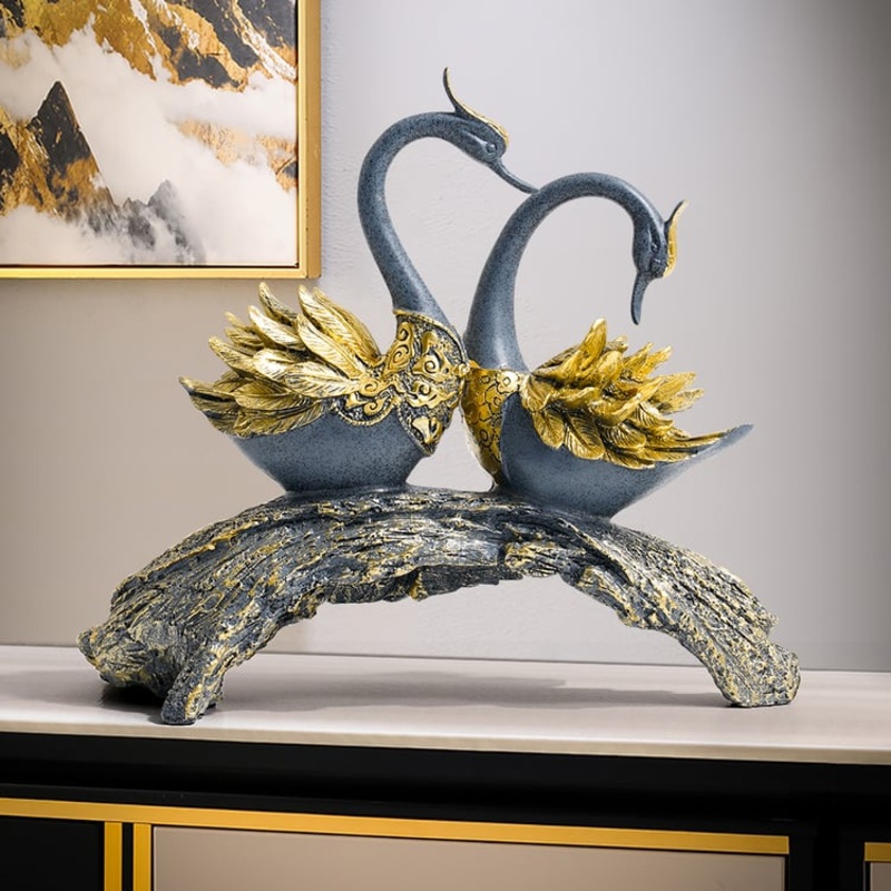14.2″ Blue & Gold Simulation Couple Swan Sculpture Art Ornament Table Statue Decor