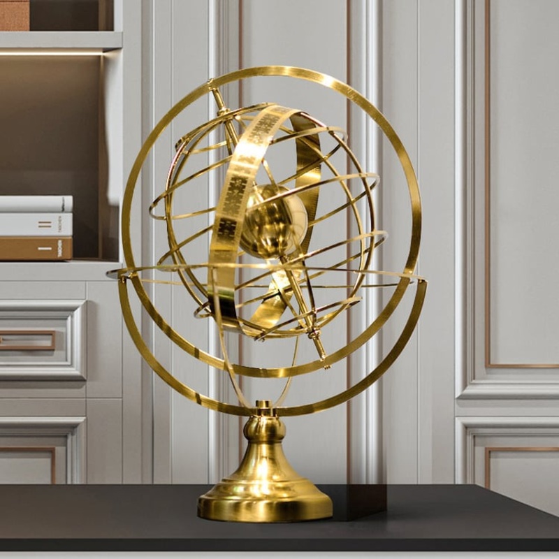 15 inches Gold Globe Ornament Sculpture Modern Metal Geometric Figurine Table Decor Art