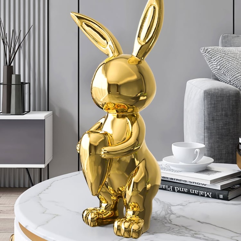 16.1″ Gold Shiny Resin Rabbit Statue Animal Art Decorative Sculpture Home Decor Vase