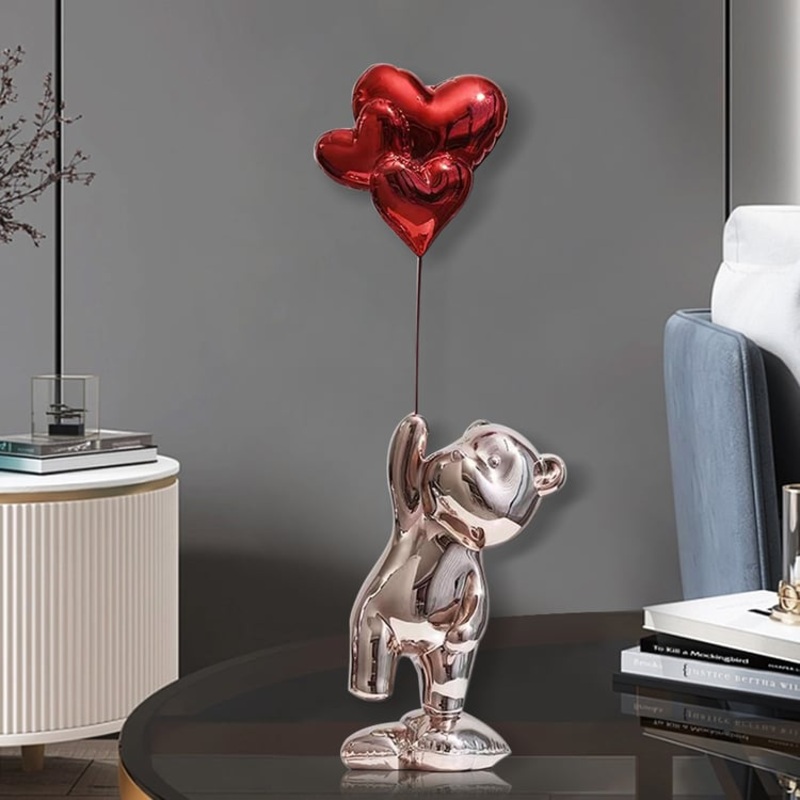 17.3″ Cute Pink Standing Bear Statue Sculpture Ornament Decor with Red Heart Balloons