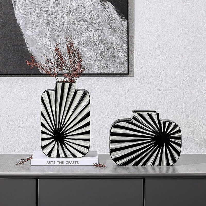 2 Pieces Abstract White & Black Striped Resin Flower Vase Set Home Ornament Decor Art