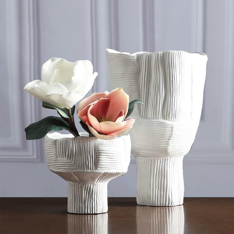 2 Pieces Minimalist White Striped Flower Vases Set Resin Vase Decor Living Room Bedroom